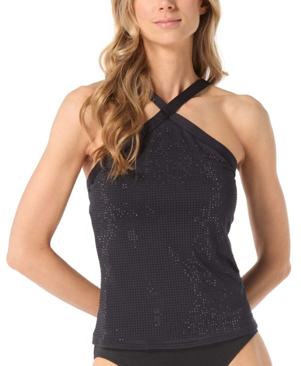 Michael Kors Women Black Glamour Sparkle High Neck Swim Tankini Top Size M